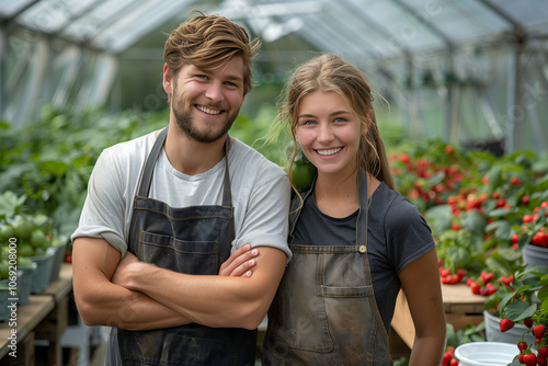 Caucasian man and woman couple looking at camera with confidence on farm, gardeners gardening strawberries together.