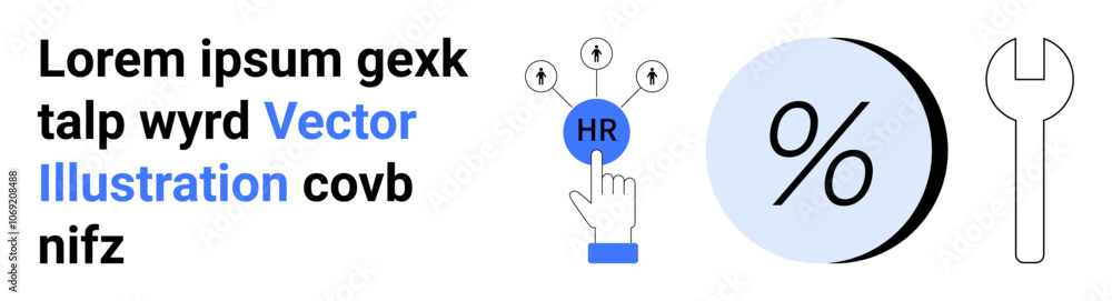 HR button clicked by hand, percent sign in circle, wrench icon. Ideal for HR management, business analysis, engineering services, financial planning, corporate presentations, educational material