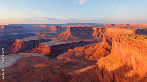 Majestic canyon at sunset with red rock formations glowing warmly in the fading light, and a clear, starry sky overhead. The scene captures the grandeur and tranquility of nature at dusk. photo