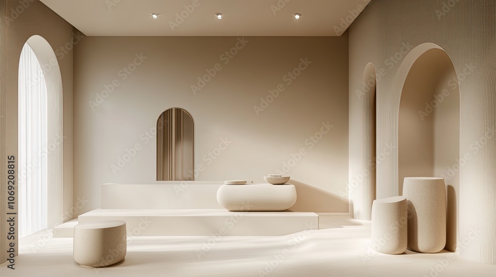 Simple, elegant 3D exhibition space with soft shadows and a minimalist aesthetic, designed for product presentations Simple, elegant 3D exhibition space with soft shadows and a minimalist aesthetic, designed for product presentations