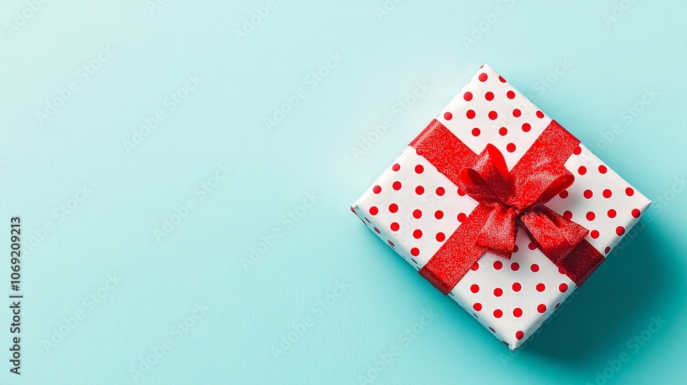 gift box with red ribbon and bow on a colored background. flat lay. top view. gift box with red ribbon and bow on a colored background. flat lay. top view.