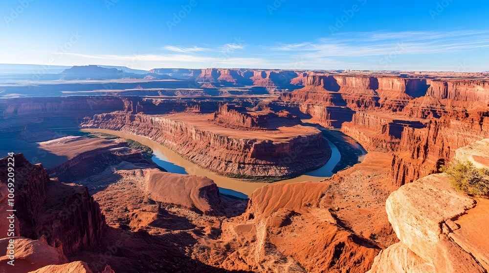 Majestic canyon featuring striking red rock formations, a winding river flowing through its depths, and a bright blue sky overhead