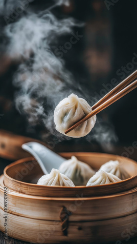 Close up of fresh Chinese dim sum asian dumplings with chopsticks