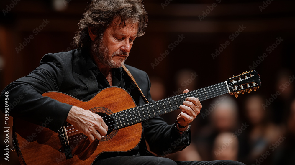Obraz premium A guitarist playing an acoustic guitar on a small stage, with an audience watching closely: The musicianâs five-fingered hands strum the guitar strings, with a relaxed and soulful