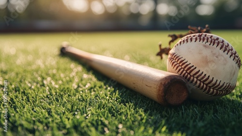 Explore the exciting world of baseball with a bat and ball on green grass photo