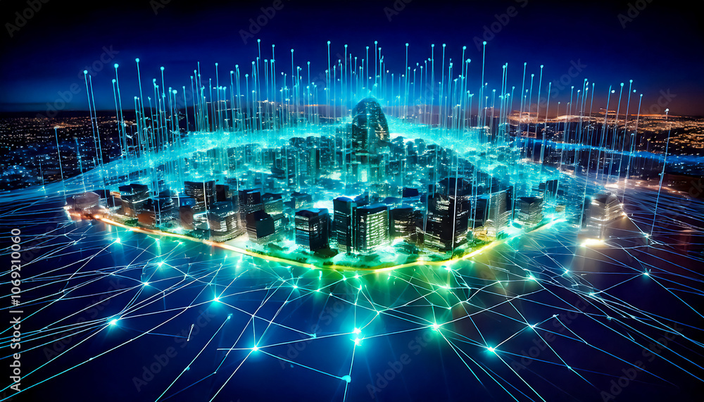 Fototapeta premium Internet of Things (IOT) connects everyday objects to the web and enables data collection and automation, enhances efficiency, reducing costs and improving decision