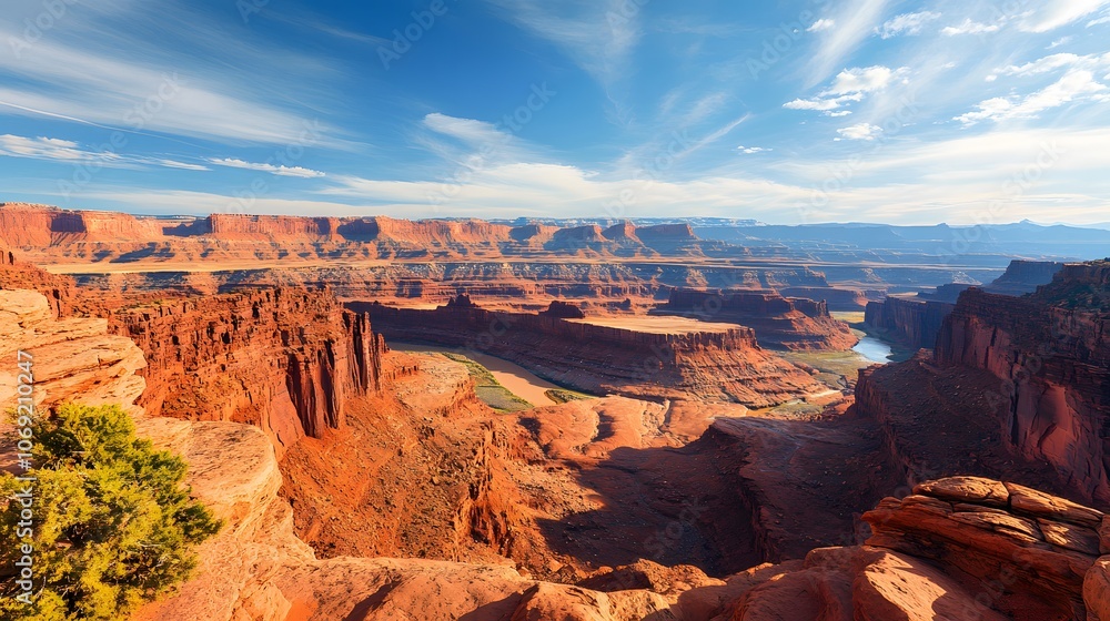 Majestic canyon featuring striking red rock formations, a winding river flowing through its depths, and a bright blue sky overhead Majestic canyon featuring striking red rock formations, a winding river flowing through its depths, and a bright blue sky overhead