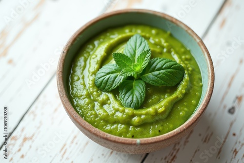 Bowl of spicy green mint chutney or sauce on table.  photo