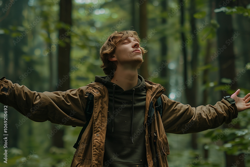 Caucasian man taking a breath and spreading his arms in the forest. Caucasian man taking a breath and spreading his arms in the forest.
