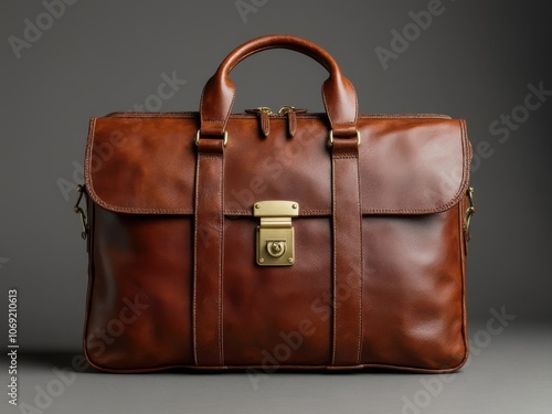 Rich brown leather briefcase with gold hardware on a dark gray background, showcasing a luxurious and professional accessory for business and travel