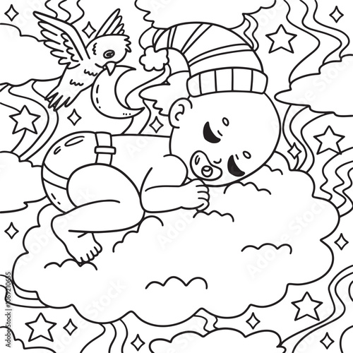 Baby Shower Baby Sleeping on Clouds Coloring Page