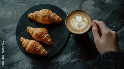 Top view of latte in hand beside two croissants on black table, minimalist and inviting breakfast scene