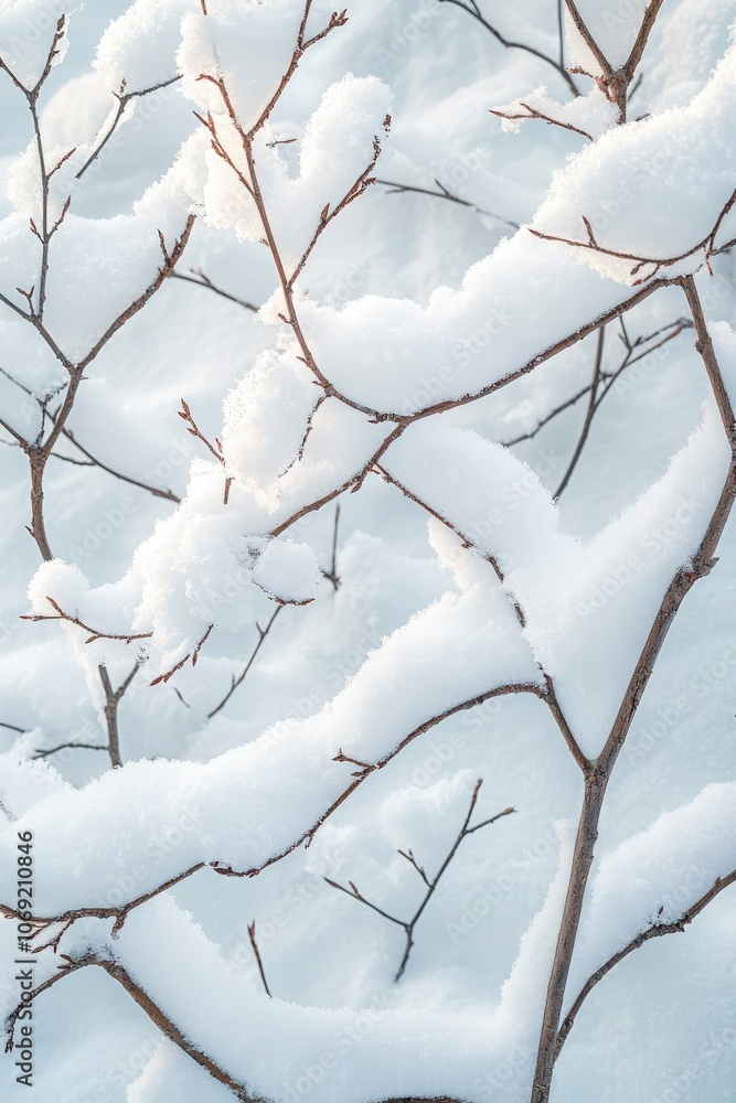 Snow-covered branches contrast with a serene winter landscape in the early morning light Snow-covered branches contrast with a serene winter landscape in the early morning light