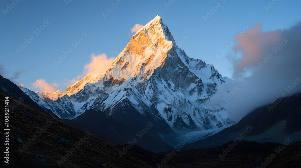 Obraz premium Majestic mountain peak bathed in the warm hues of sunset, with a sky ablaze in vibrant colors and a serene valley lying peacefully below
