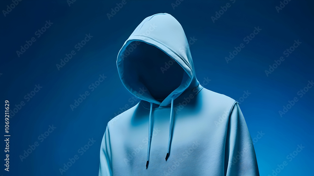Hoodie Mockup - A faceless figure in a blue hoodie against a gradient background. Hoodie Mockup - A faceless figure in a blue hoodie against a gradient background.