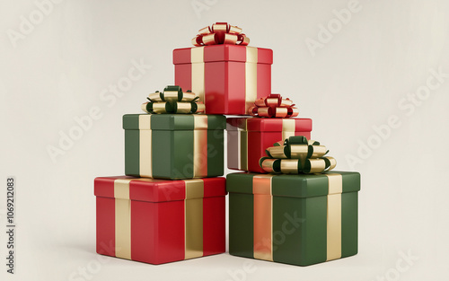 Stacked red and green gift boxes with gold ribbons and bows on a plain white background. Sharp details highlight the festive holiday design and color contrast.