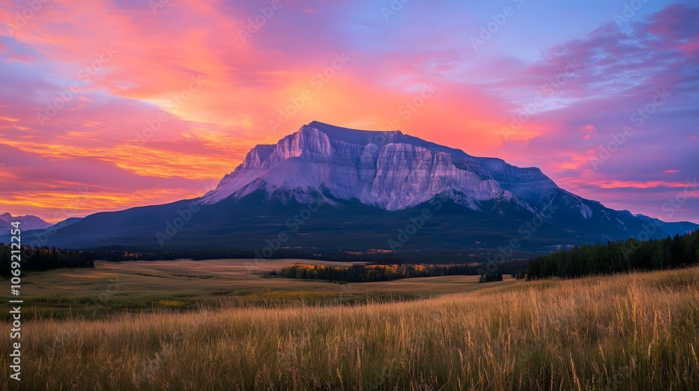 Obraz premium Majestic mountain peak bathed in the warm hues of sunset, with a sky ablaze in vibrant colors and a serene valley lying peacefully below