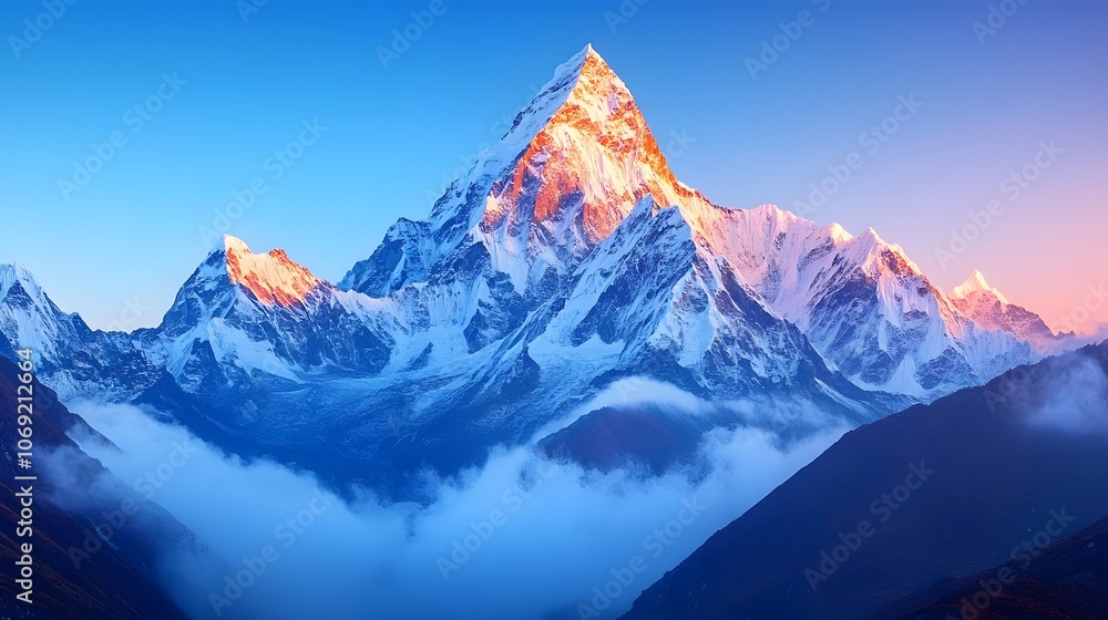 Obraz premium Majestic mountain range bathed in the warm glow of sunrise, featuring snow-capped peaks against a clear blue sky. The scene captures the grandeur and serenity of high-altitude landscapes.