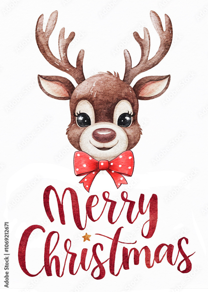 Cute reindeer with a bow tie. Merry Christmas greeting card design. Watercolor illustration. Cute reindeer with a bow tie. Merry Christmas greeting card design. Watercolor illustration.