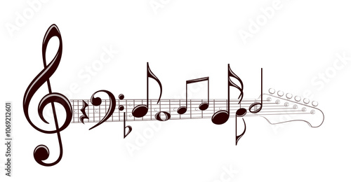 Electric guitar symbol with musical notes.