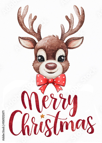 Cute reindeer with a bow tie. Merry Christmas greeting card design. Watercolor illustration. 