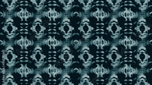 Digital pattern with grunge effect. Dark cyan and gray color palette. Distressed, worn texture. Balanced geometric shapes. Creates a moody and mysterious atmosphere. Evocative and visually striking.