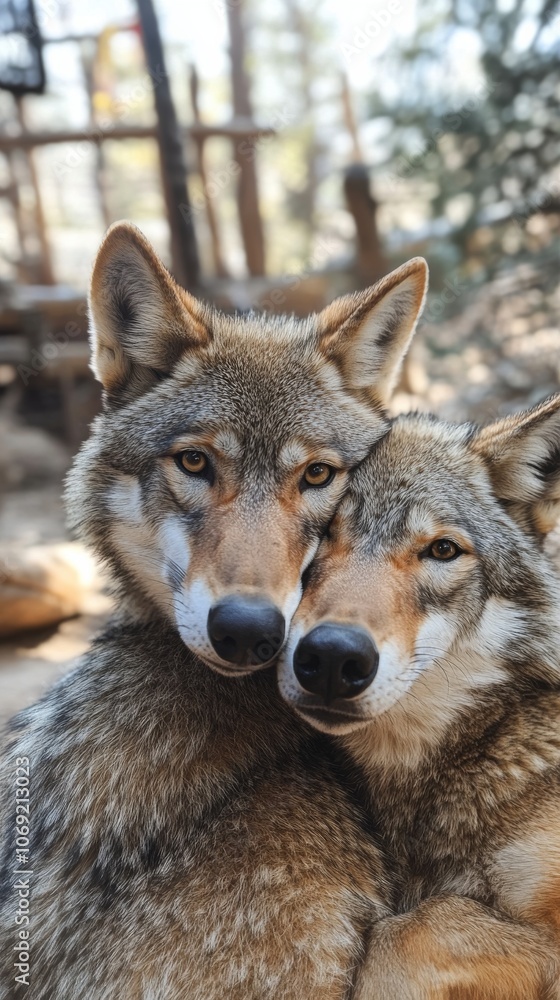 Two wolves embracing in a natural setting, showcasing their unique bond and friendship Two wolves embracing in a natural setting, showcasing their unique bond and friendship
