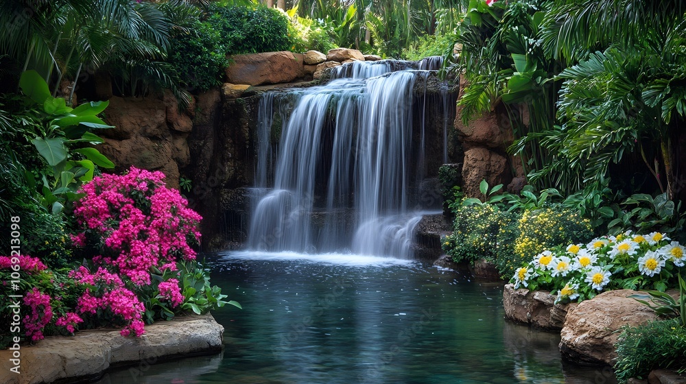 Majestic waterfall cascading into a clear, tranquil pool, surrounded by lush greenery and vibrant, colorful flowers. A breathtaking scene of nature's beauty and serenity. Majestic waterfall cascading into a clear, tranquil pool, surrounded by lush greenery and vibrant, colorful flowers. A breathtaking scene of nature's beauty and serenity.