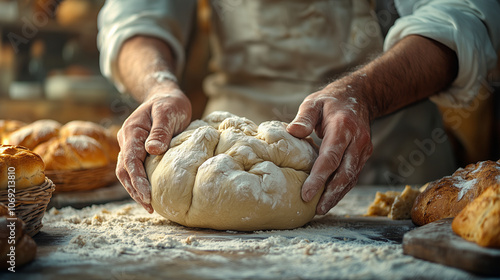 Baker kneading dough on a floured countertop in a rustic bakery: The bakerâs five-fingered hands work the dough, surrounded by fresh bread and pastries, with a focused expression.