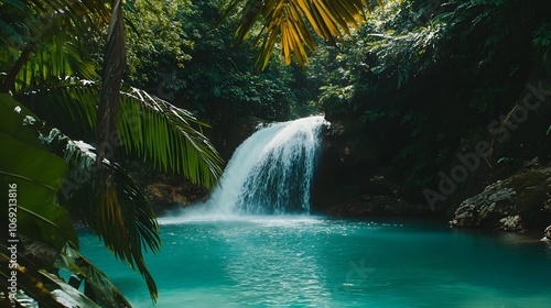 Majestic waterfall plunging into a clear pool within a tropical rainforest, framed by vibrant, lush greenery. The cascading water creates a stunning contrast against the dense, verdant foliage. photo