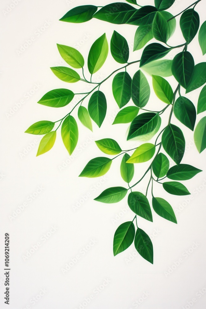 Lush green leaves on a branch against a plain background Lush green leaves on a branch against a plain background
