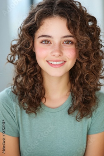 Smiling young woman with curly brown hair