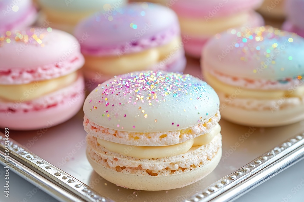 Colorful macarons with glitter on silver tray Colorful macarons with glitter on silver tray