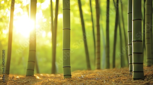 Peaceful bamboo grove featuring tall, slender stalks with dappled sunlight casting intricate patterns on the forest floor, creating a tranquil and serene atmosphere. photo