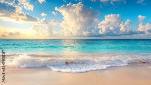 Peaceful beach with turquoise waters and soft white sand, set against a sky filled with colorful, dramatic clouds. An idyllic scene of tranquility and natural beauty. photo