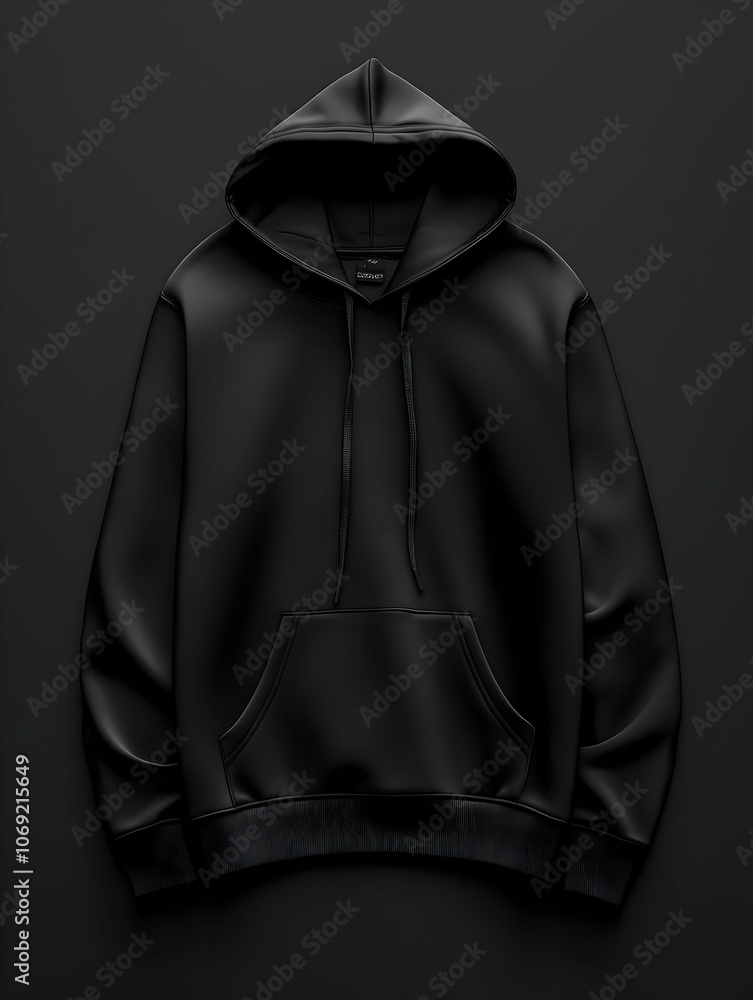A sleek black hoodie displayed on a dark background, emphasizing its simple design. A sleek black hoodie displayed on a dark background, emphasizing its simple design.