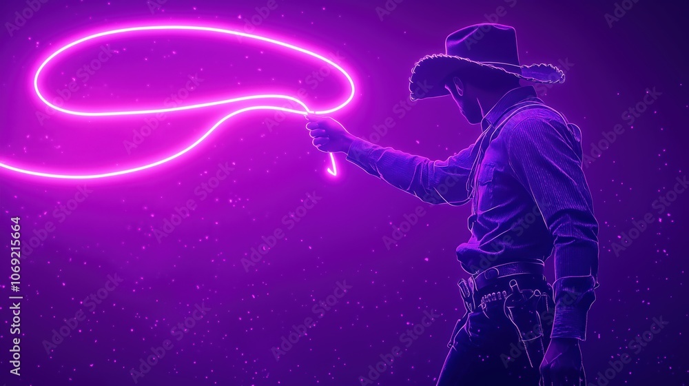 Naklejka premium Сowboy on purple neon background with neon lasso in his hand, horizontal
