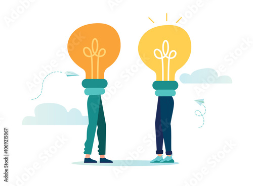 Sharing and search business ideas. collaboration brainstorming and meeting of creative creative people with light bulb ideas. Finding creative solutions to tasks, office workers share ideas vector