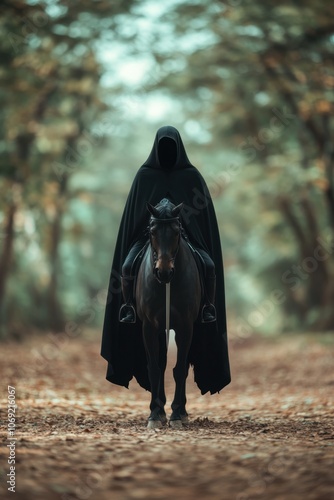 Mysterious hooded figure on horseback in a dark forest