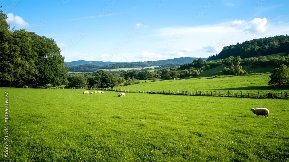 Peaceful countryside scene with rolling green hills, a clear blue sky, and grazing sheep. This idyllic setting evokes a sense of tranquility and rural charm. Peaceful countryside scene with rolling green hills, a clear blue sky, and grazing sheep. This idyllic setting evokes a sense of tranquility and rural charm.