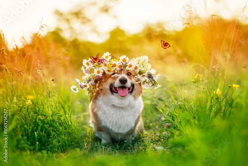 cute corgi dog in wreath of wildflowers and fluttering butterflies sitting on...