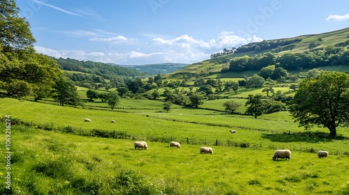 Peaceful countryside scene with rolling green hills, a clear blue sky, and grazing sheep. This idyllic setting evokes a sense of tranquility and rural charm.