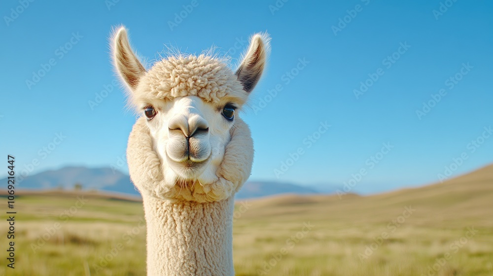 Obraz premium Close-up of a gentle alpaca in vibrant colors under natural light, showcasing its serene beauty in a picturesque landscape