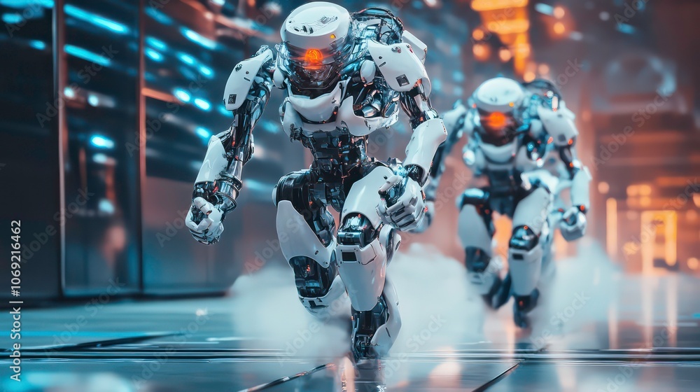High-Tech Futuristic Robots Preparing for Battle. digital ai art High-Tech Futuristic Robots Preparing for Battle. digital ai art