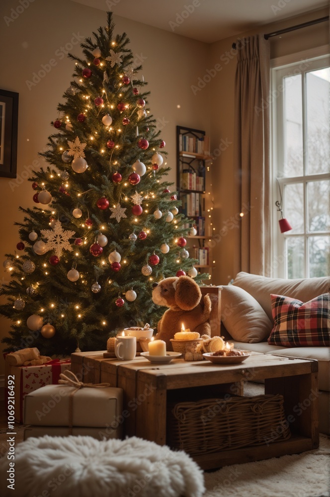 Obraz premium Cozy Living Room Decorated for Christmas with a Festive Tree and Soft Ambiance
