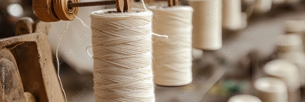 Close-up of Cotton Thread Spools on a Vintage Spinning Machine