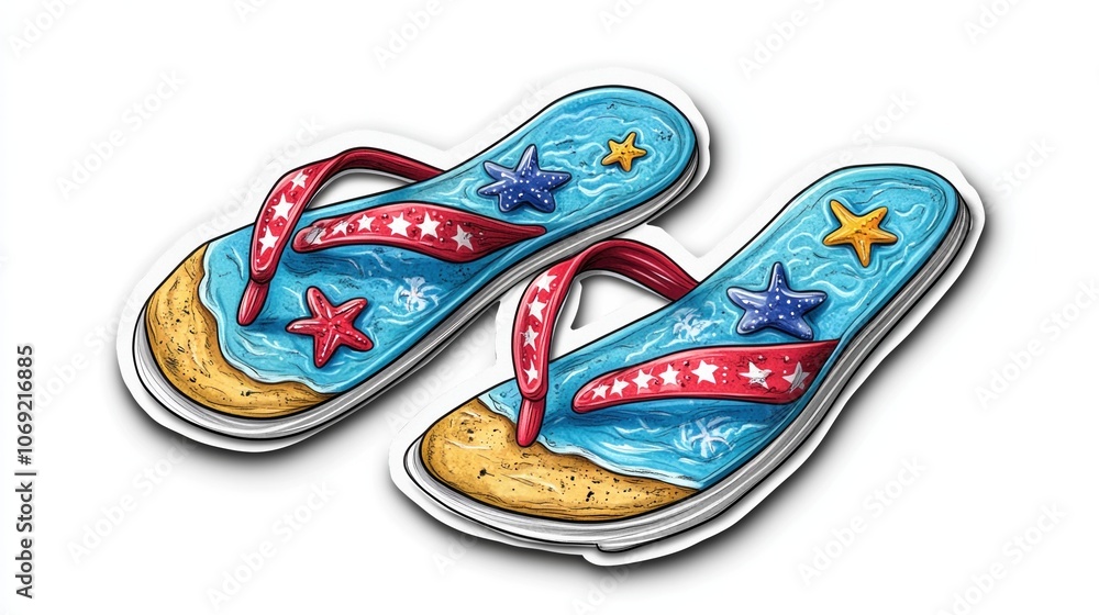 A pair of colorful flip-flops with a beachy design, perfect for summer. A pair of colorful flip-flops with a beachy design, perfect for summer.