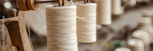 Obraz na płótnie Close-up of Cotton Thread Spools on a Vintage Spinning Machine w salonie