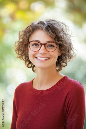 Smiling woman with curly hair and glasses in a red sweater