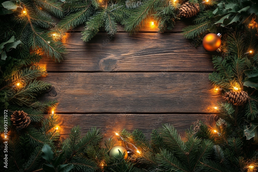 Warm lights framed by green garland on rustic wood for the holiday season